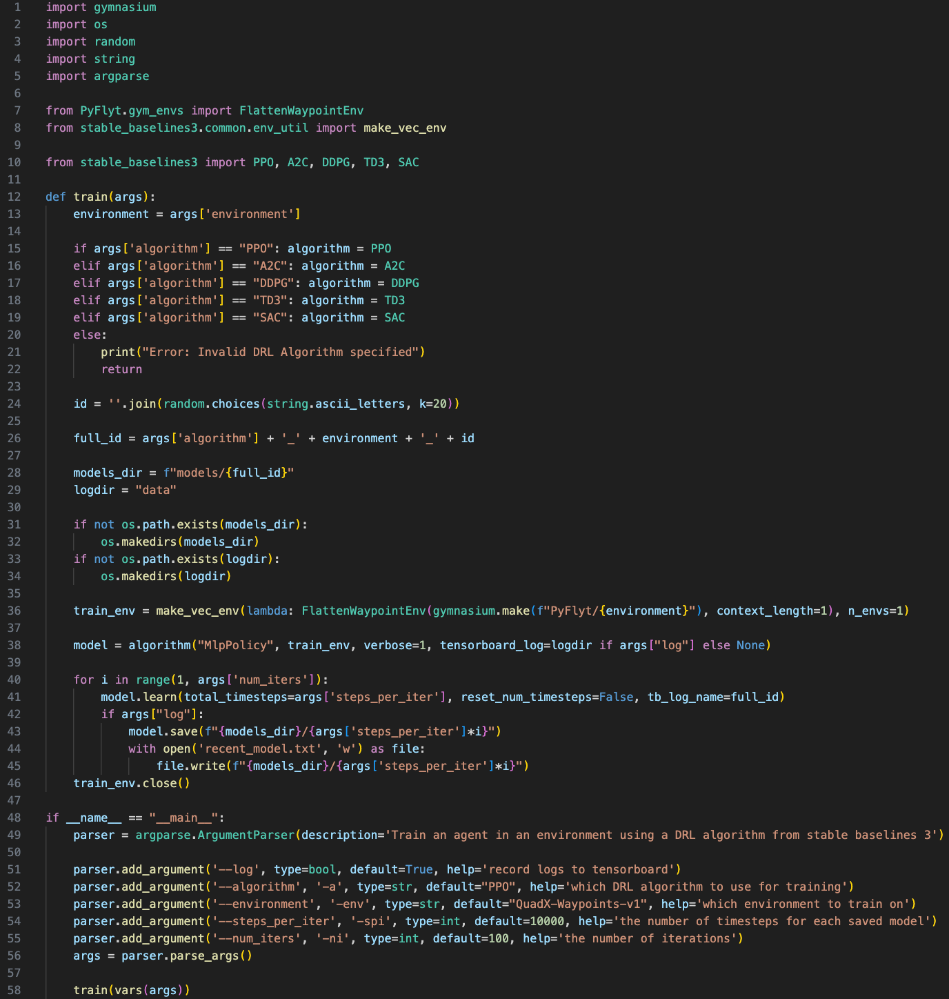 Using Stable Baselines to train Autonomous Drones